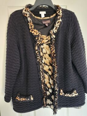 Chico's Black Knit Cardigan Leopard-Print Ruffle Trim & Dana Buchman Blouse